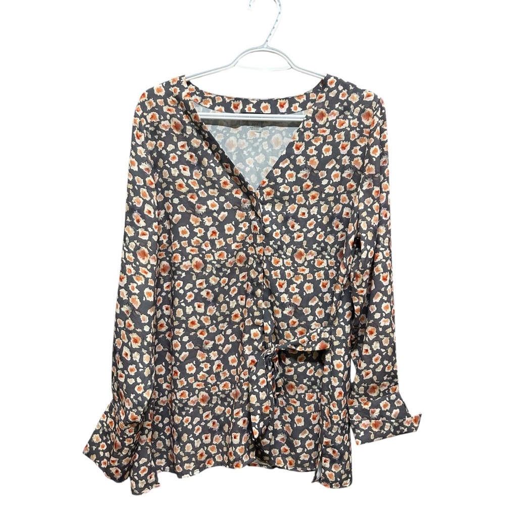 Renuar Watercolor Floral Tie-Side Blouse - Size M - Gray & Orange